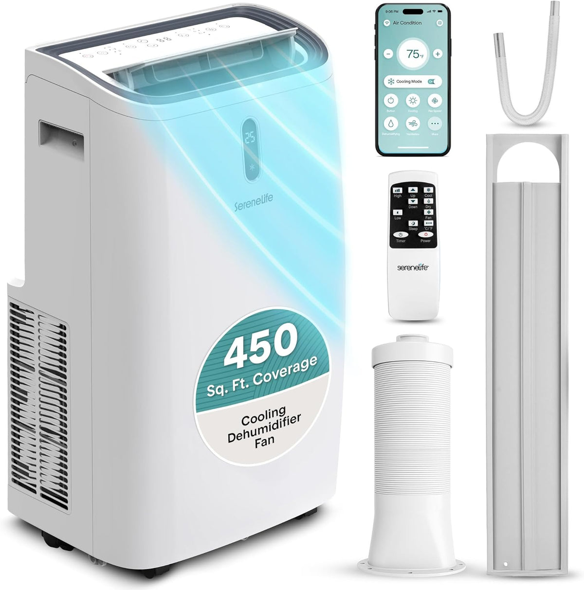 12,000 BTU WiFi Smart Portable AC – Cooling, Fan & Dehumidifier, 24hr Timer, Remote, Window Kit
