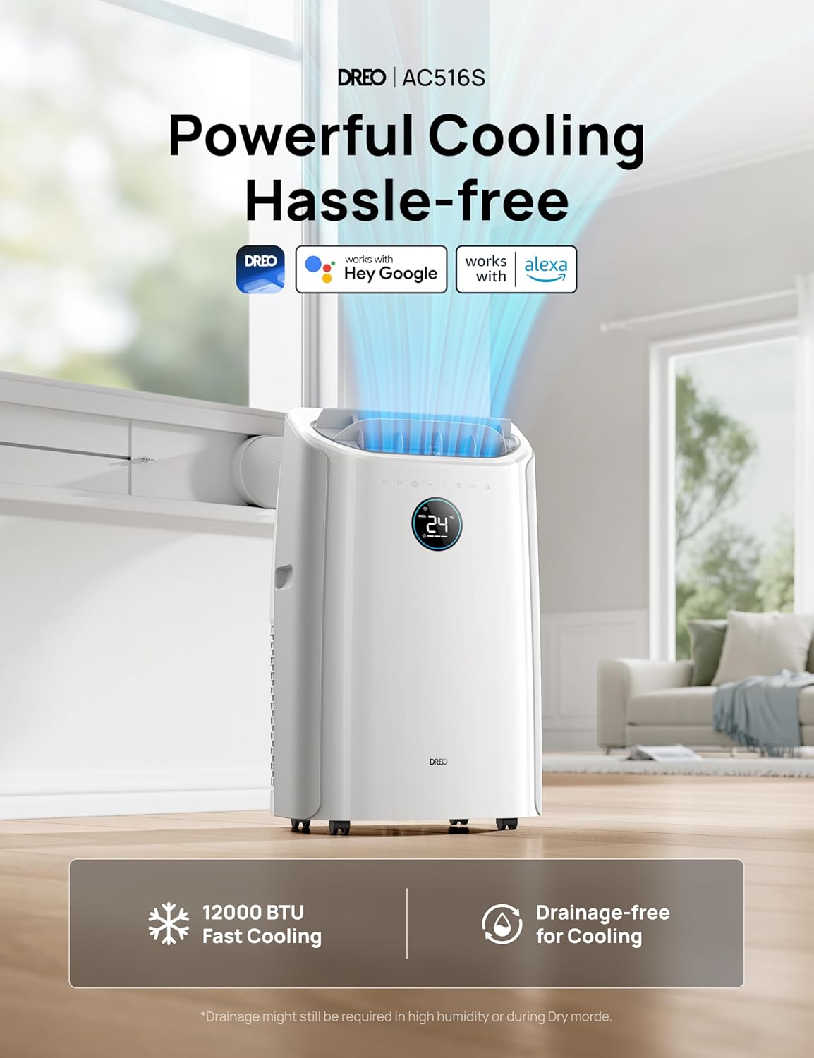 12,000 BTU Portable AC with Smart App & Voice Control – 3-in-1 Cooling, Fan, Dehumidifier