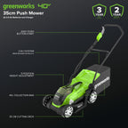 40V Cordless Lawn Mower, 35cm Cutting Width, 2×2Ah Batteries, Charger, 40L Grass Bag, 5 Cutting Heights