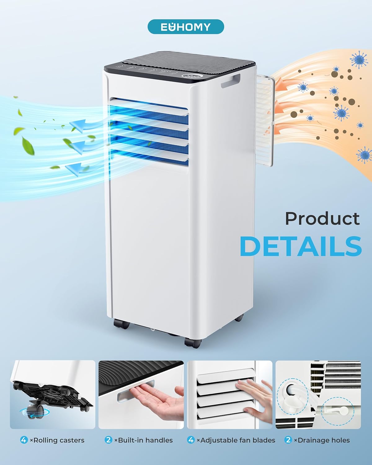 9,000 BTU 4-in-1 Portable AC for 20m² – Cooling, Dehumidifier, Fan, Digital Display, Window Kit