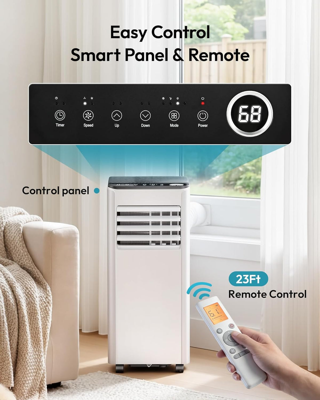9,000 BTU 4-in-1 Portable AC for 20m² – Cooling, Dehumidifier, Fan, Digital Display, Window Kit