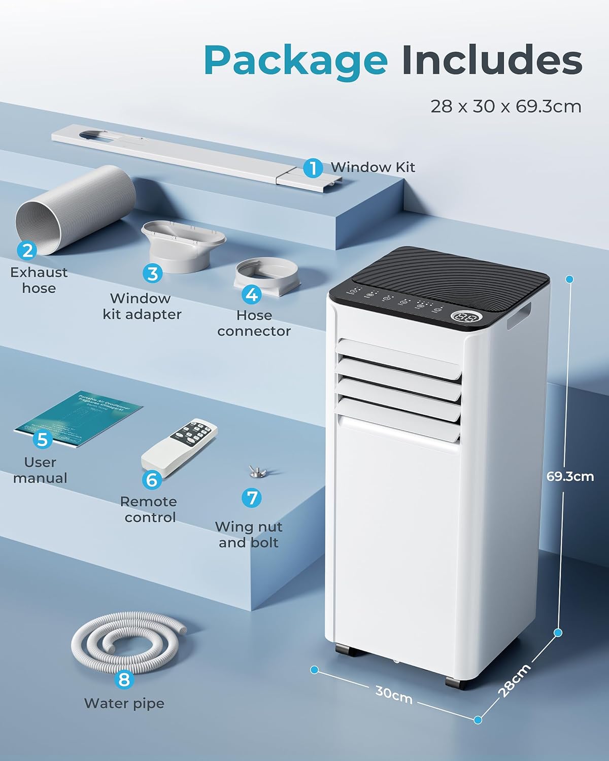 9,000 BTU 4-in-1 Portable AC for 20m² – Cooling, Dehumidifier, Fan, Digital Display, Window Kit
