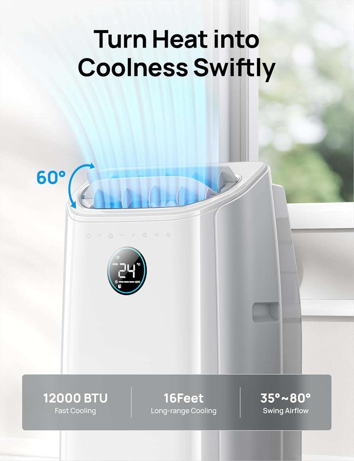 12,000 BTU Portable AC with Smart App & Voice Control – 3-in-1 Cooling, Fan, Dehumidifier