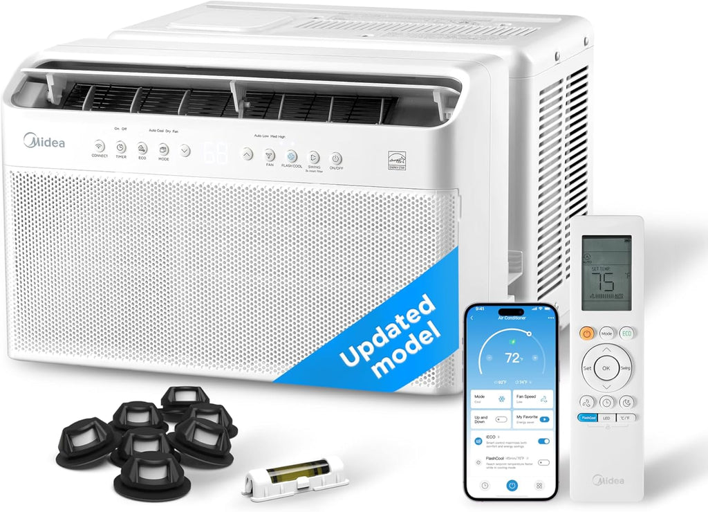 8,000 BTU U Shaped Smart Inverter Window Air Conditioner - Cools 350 Sq Ft, Ultra Quiet with Open Window Flexibility - Alexa/Google Assistant Compatible - 37% Energy Savings, Remote (Updated) | Cools 350 Sq Ft