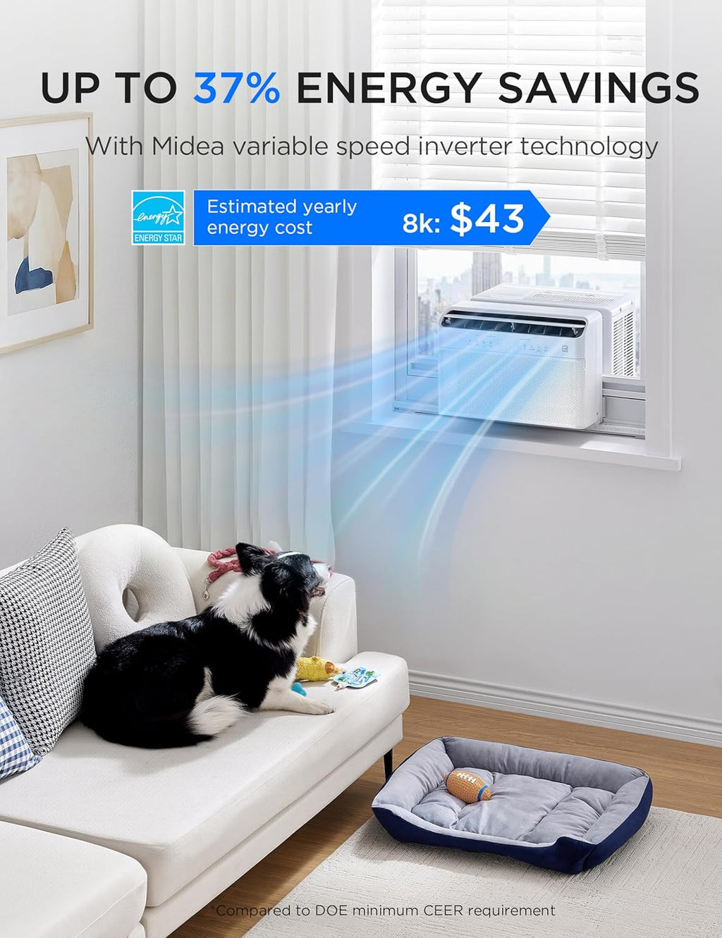 8,000 BTU U Shaped Smart Inverter Window Air Conditioner - Cools 350 Sq Ft, Ultra Quiet with Open Window Flexibility - Alexa/Google Assistant Compatible - 37% Energy Savings, Remote (Updated) | Cools 350 Sq Ft