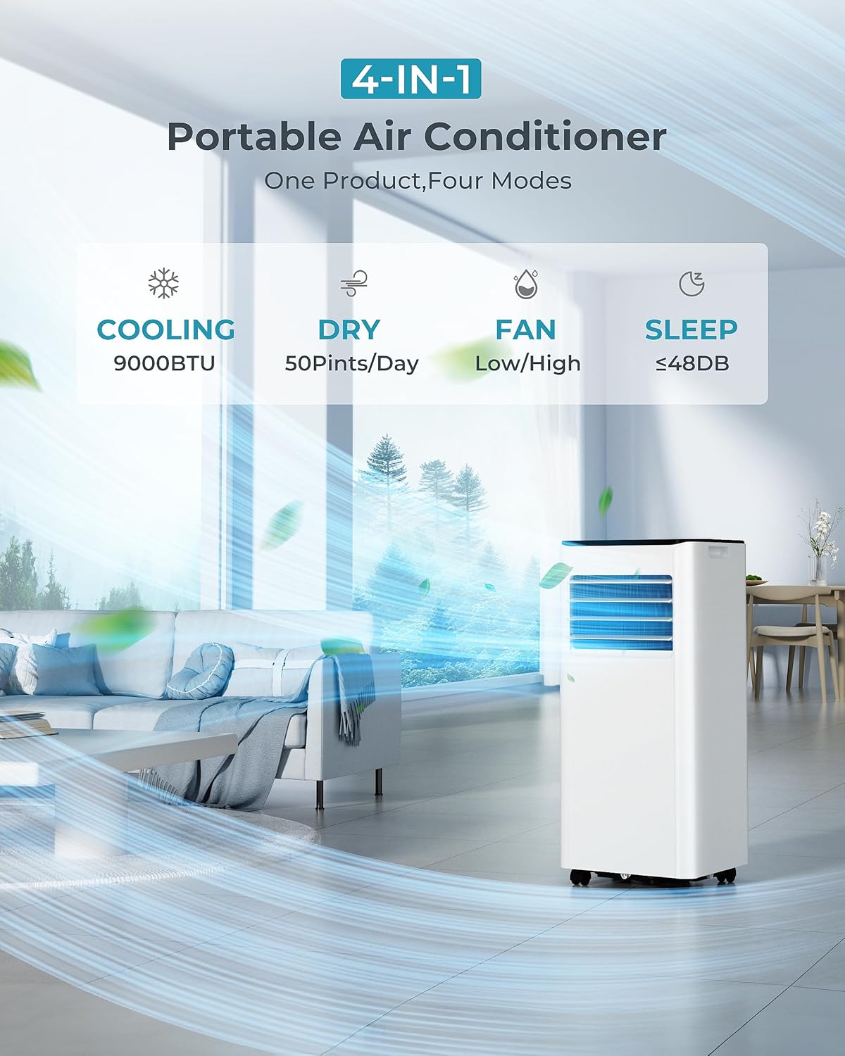 9,000 BTU 4-in-1 Portable AC for 20m² – Cooling, Dehumidifier, Fan, Digital Display, Window Kit