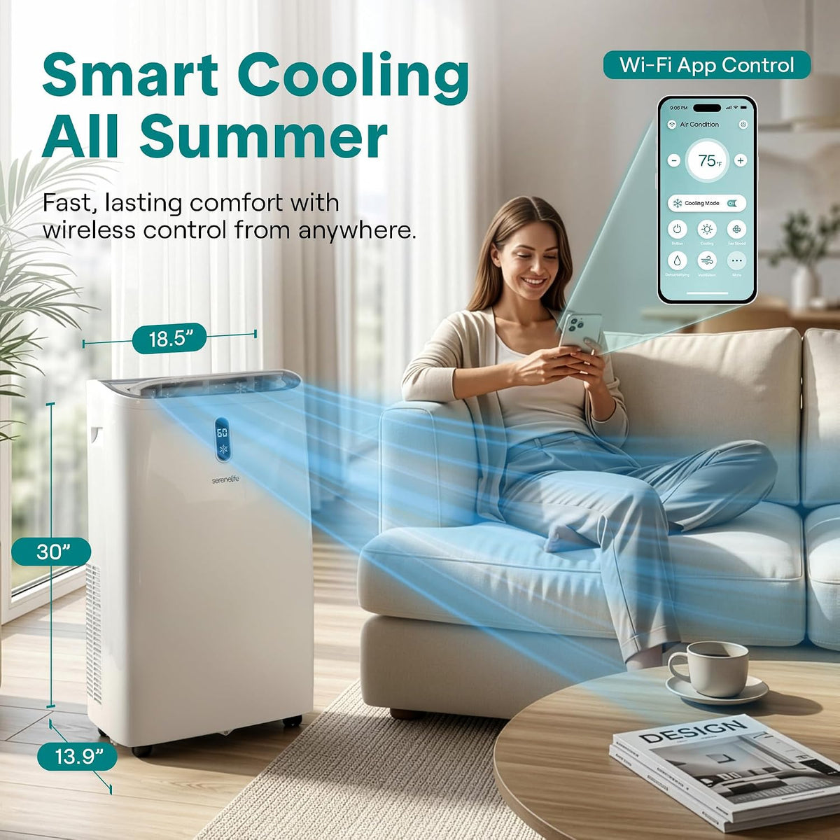 12,000 BTU WiFi Smart Portable AC – Cooling, Fan & Dehumidifier, 24hr Timer, Remote, Window Kit